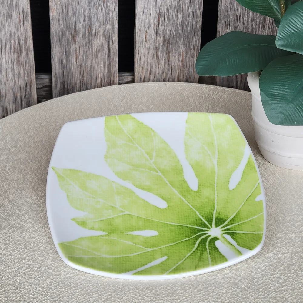 Crate & Barrel Green Leaf Design Square Plate